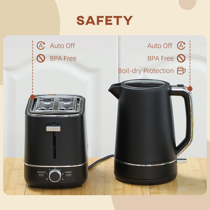 Black 1.7L Fast Boil Cordless Kettle and 2 Slice Toaster Set with 6 Browning Levels by HOMCOM