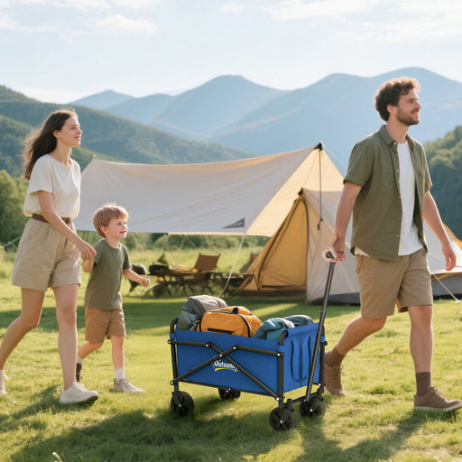 Collapsible Festival Trolley Wagon With Adjustable Handle And Carry Bag For Camping Blue