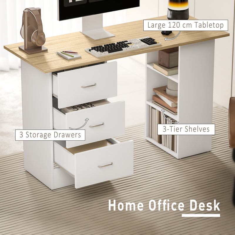 Computer Desk with 3 Storage Shelves and Drawers for Home Office Organisation, Natural Wood White