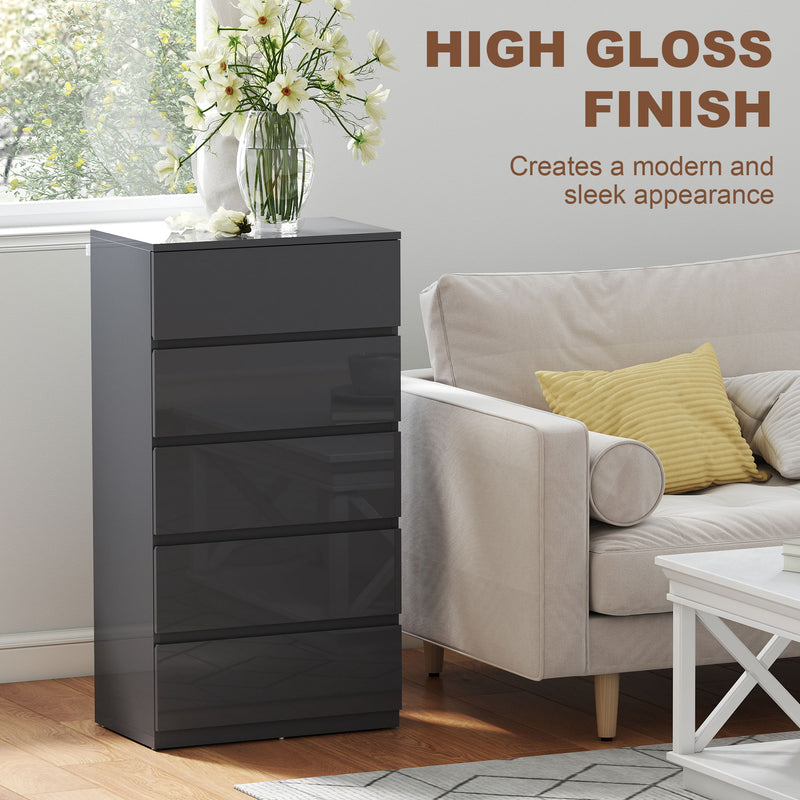 Chest of Drawers with 5 Spacious Storage Drawers for Bedroom Organisation High Gloss Grey AOSOM