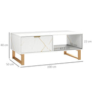 White Marble Effect Coffee Table with Hidden Storage and Sleek Design by HOMCOM