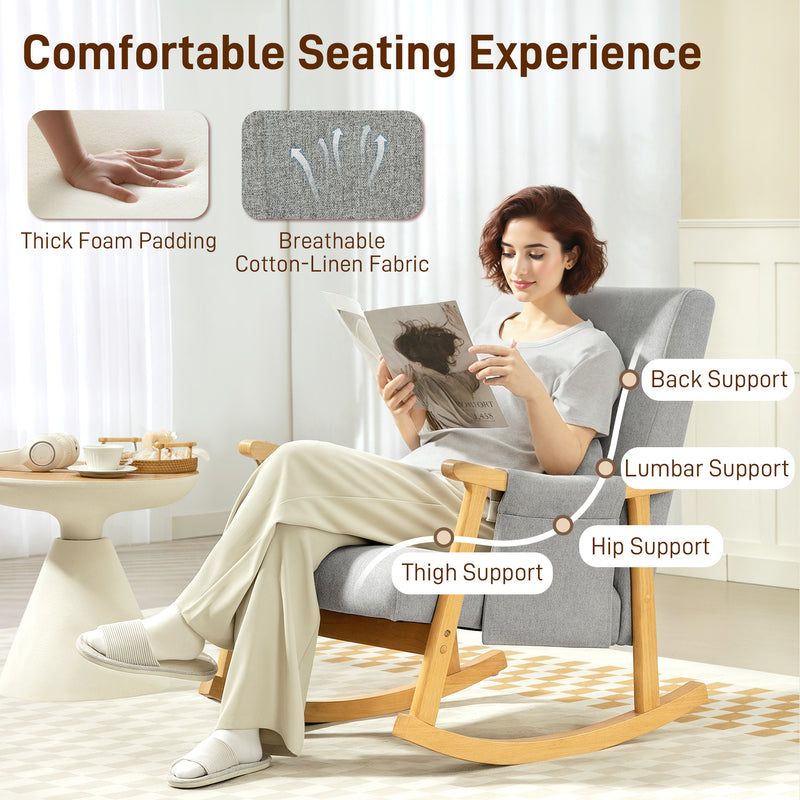 Modern Wood Frame Rocking Chair with Cushioned Seat for Lounge or Nursery, Light Grey