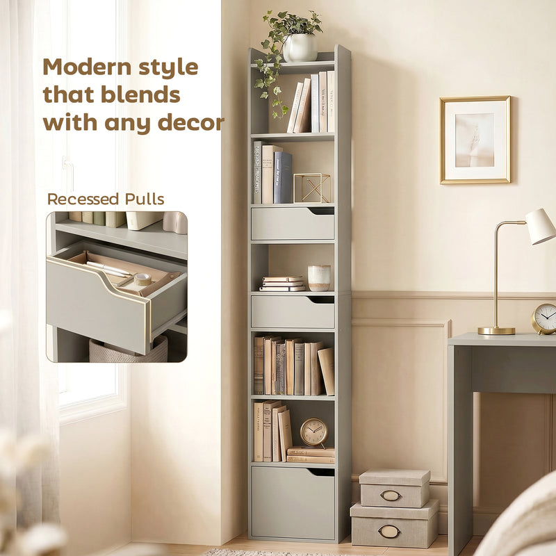 Slim Bookcase with Shelves Drawers and Cabinet for Small Room Storage Grey