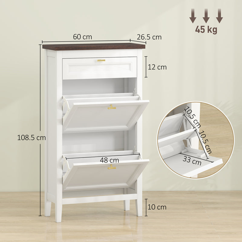 Slim Shoe Storage Cabinet for Narrow Hallways with 2 Flip Drawers and Top Drawer, White Homcom
