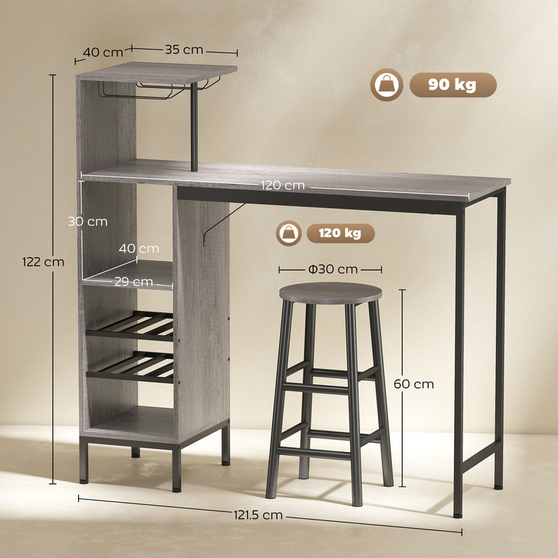 Bar Table Set with Storage Shelves and Stools for Small Kitchens or Flats Natural Wood Finish AOSOM