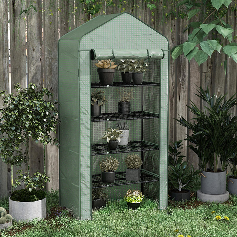 5 Tier Portable Mini Greenhouse with Roll Up Door and Shelves for Indoor Outdoor Use Green