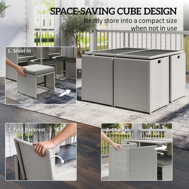 Rattan Cube Garden Dining Set for Family Meals with Cushions and Space Saving Design, Light Grey Outsunny