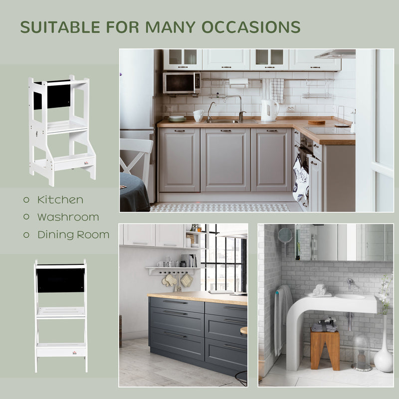 2 in 1 Toddler Kitchen Step Stool with Safety Rail and Chalkboard for Learning, White