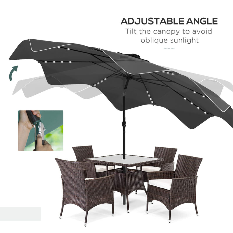 Dark Grey 3m Solar Garden Parasol with LED Lights and Tilt for Outdoor Patio Shade