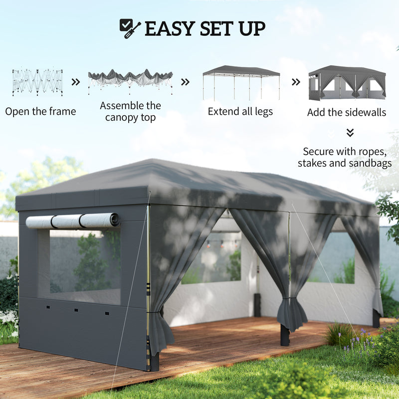 3x6m Pop Up Garden Gazebo with Adjustable Height and Detachable Sides for Outdoor Shelter and Events Outsunny