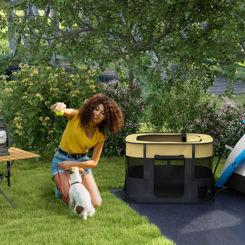 Foldable Portable Dog Playpen with Storage Bag and Ground Stakes for Travel Use Yellow