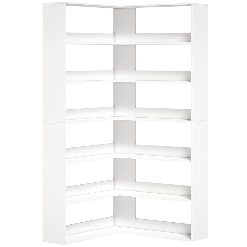 Corner Bookcase with 7 Open Shelves for Small Room Storage White Wood Effect
