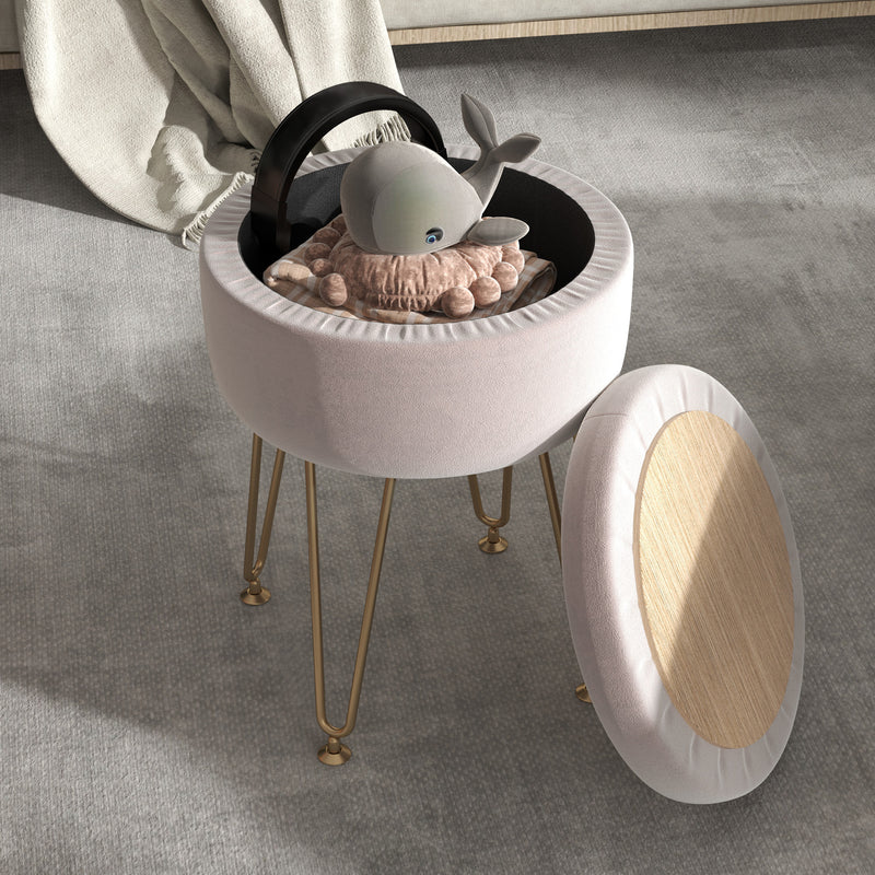 Light Pink Velvet Feel Round Storage Ottoman with 5L Capacity by HOMCOM