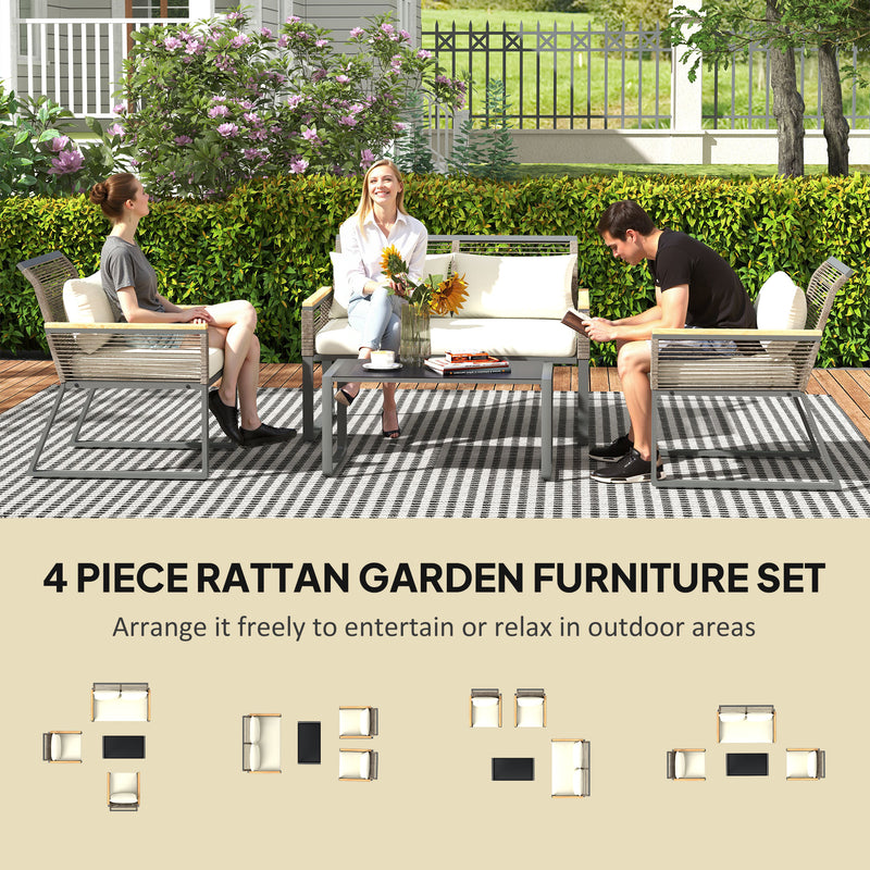 Grey 4 Seater Wicker Rope Garden Furniture Set with Glass Coffee Table by Outsunny