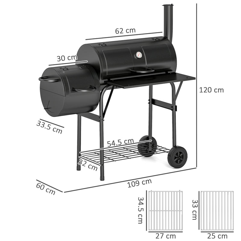 Charcoal BBQ Grill and Smoker for Garden Parties with Shelves and Wheels Black Outsunny
