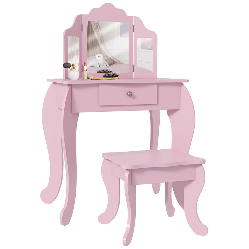 Kids Dressing Table Set with Tri Folding Mirror Drawer and Stool for Bedrooms Pink