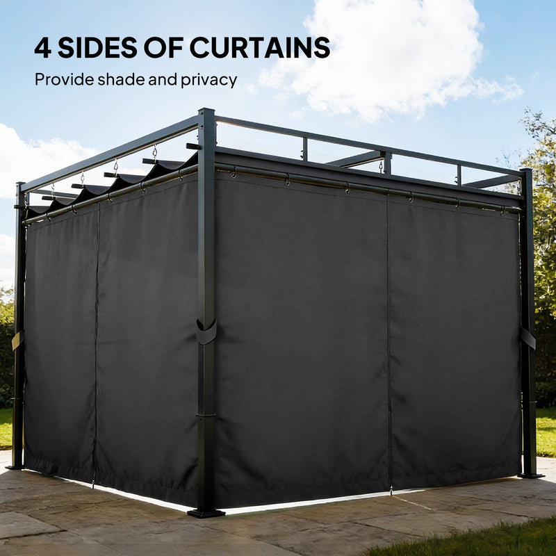 3 x 3 m Metal Garden Pergola with Retractable Canopy and Curtains UPF30 Sun Shade Dark Grey AOSOM