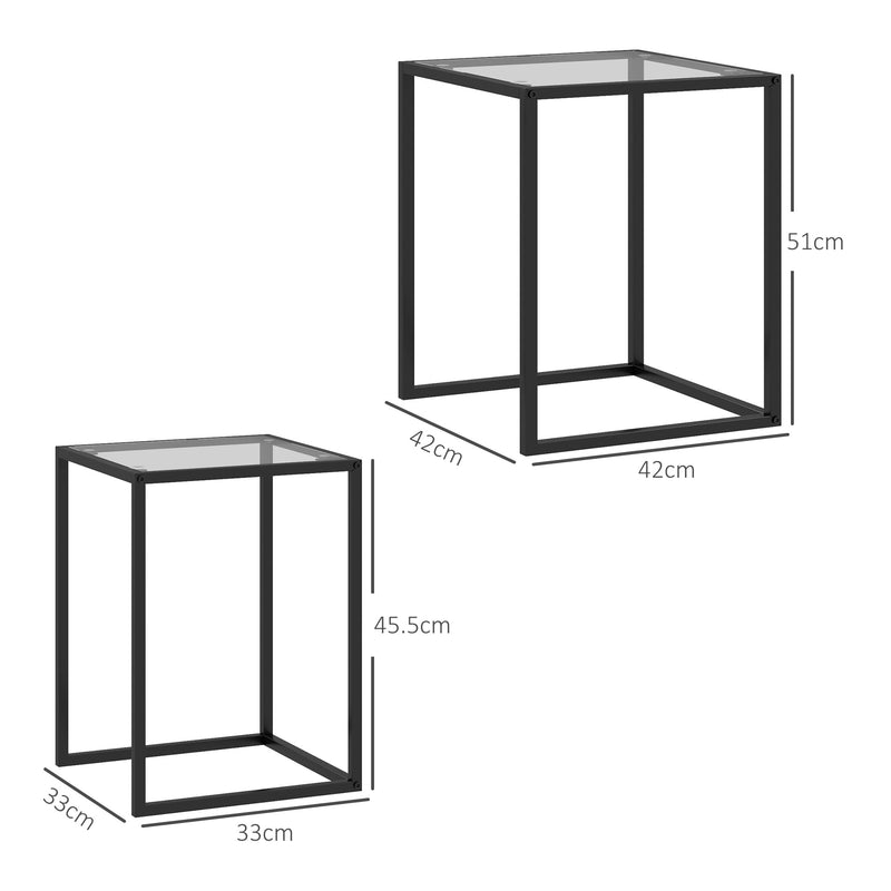 Set of 2 Black Nesting Tables with Tempered Glass Top and Steel Frame for Living Room by HOMCOM