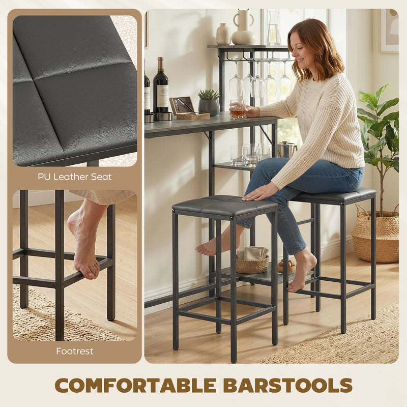 Breakfast Bar Table and Stools Set with Shelves and Wine Glass Rack for Small Spaces Washed Grey AOSOM
