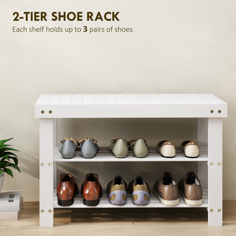 Two Shelf Bamboo Shoe Storage Bench With Seat Ideal For Hallway Or Entryway White AOSOM