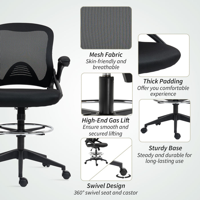 Black Mesh Drafting Chair with Flip-up Armrests and Foot Ring for Standing Desk by Vinsetto