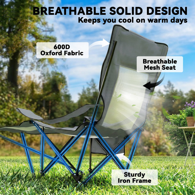 Set of 2 Reclining Camping Chairs for Shared Outdoor Comfort with Cup Holders Grey Black