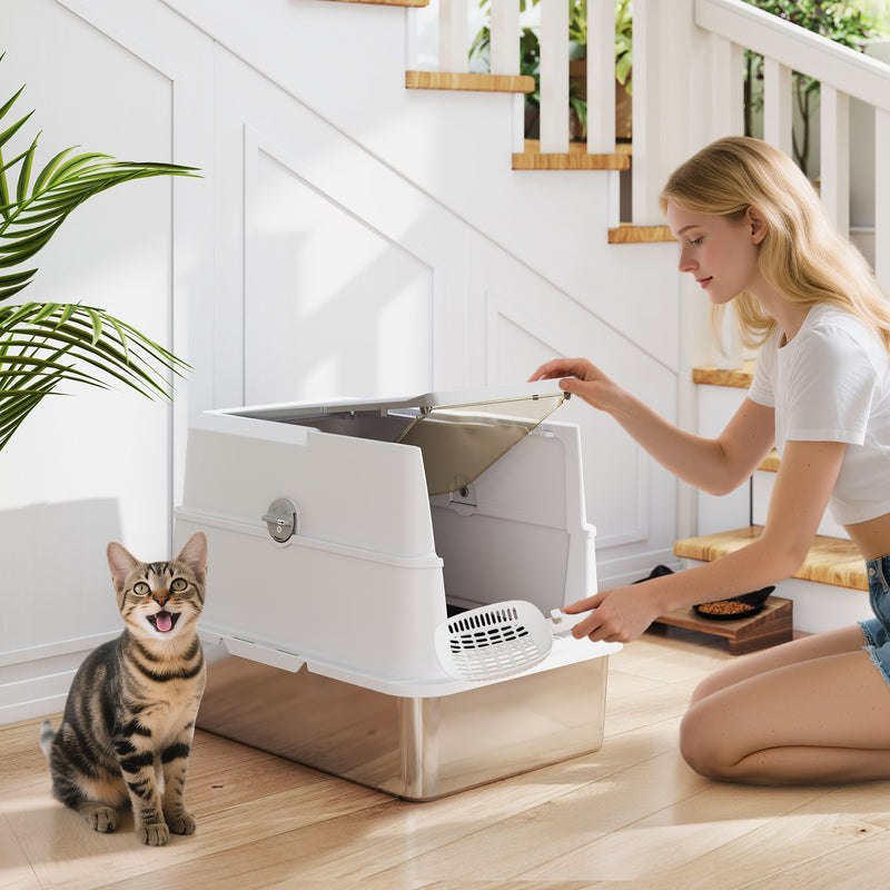 Extra Large Stainless Steel Cat Litter Tray With Scoop And Flip Top Lid For Easy Cleaning, Silver