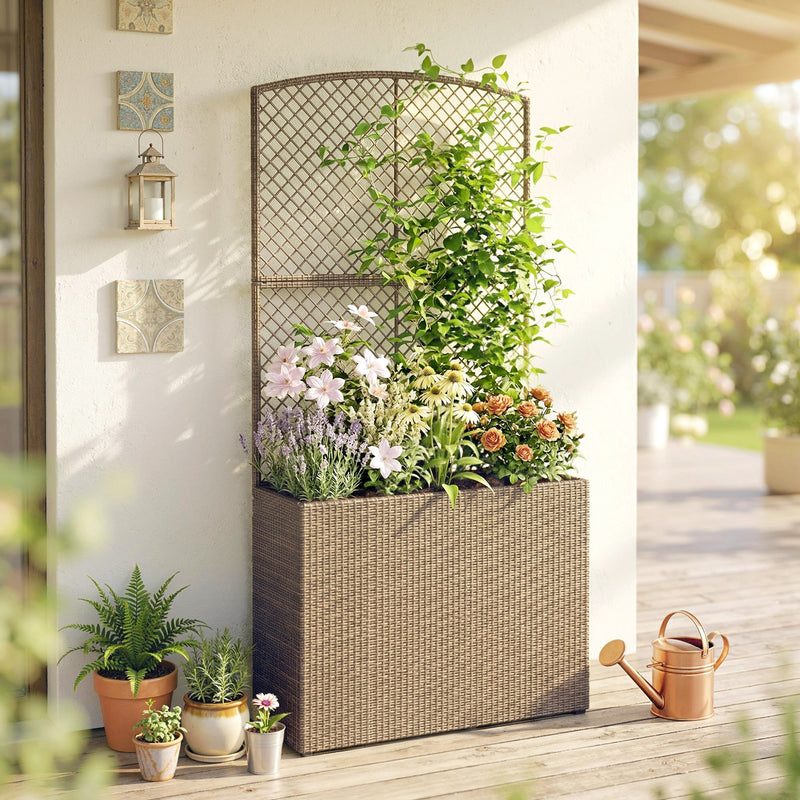Raised Rattan Planter with Trellis for Upright Gardening and Climbing Plants Light Grey Outsunny