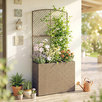Raised Rattan Planter with Trellis for Upright Gardening and Climbing Plants Light Grey Outsunny