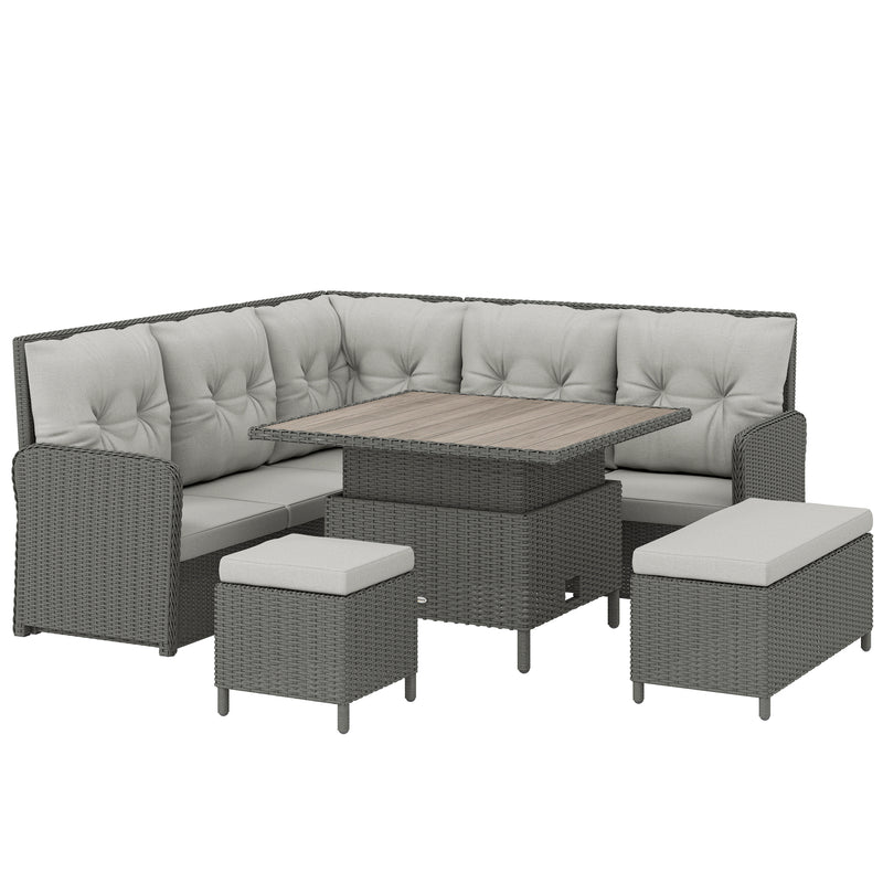 6-Piece Rattan Garden Furniture Set with Height-Adjustable Coffee Table, Dark Grey & Cream Outsunny