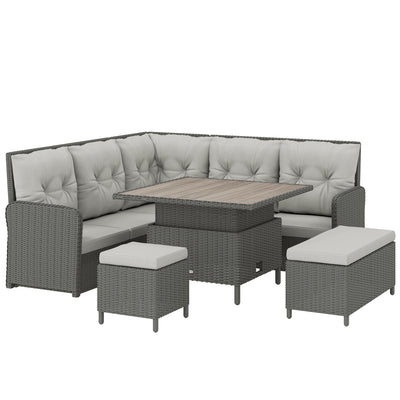 6-Piece Rattan Garden Furniture Set with Height-Adjustable Coffee Table, Dark Grey & Cream Outsunny