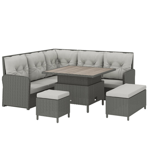 6-Piece Rattan Garden Furniture Set with Height-Adjustable Coffee Table, Dark Grey & Cream Outsunny