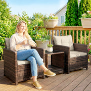 Rattan Bistro Set for 2 with Cushioned Chairs and Glass Table for Small Outdoor Spaces Outsunny