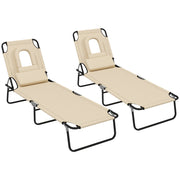 Set of 2 Folding Sun Loungers with Face Hole and Adjustable Backrest for Garden Use , Beige Outsunny