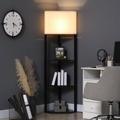 Tall Corner Floor Lamp with Storage Shelves and Chain Switch for Living Room, Black