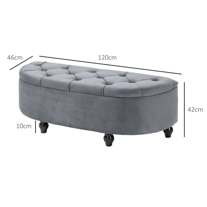 Velvet Feel Half Moon Storage Ottoman Seat With Hidden Compartment, Dark Grey