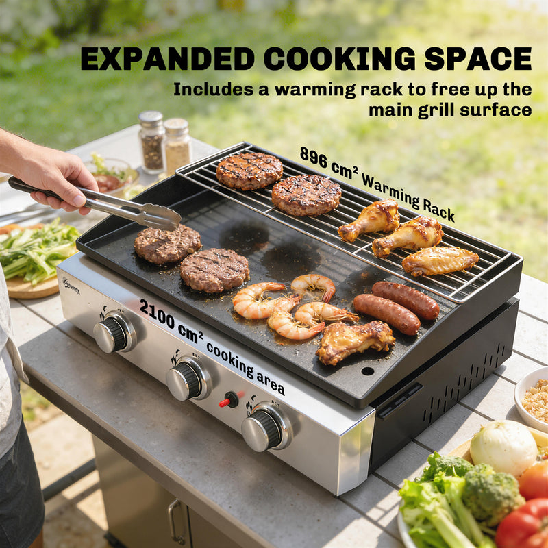 Gas BBQ with 3 Burners and Warming Rack for Easy Outdoor Cooking Black