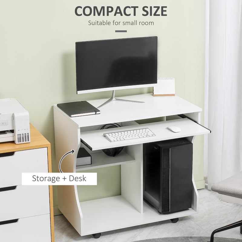 White Compact Work Desk with Multi Storage and Wheels by HOMCOM