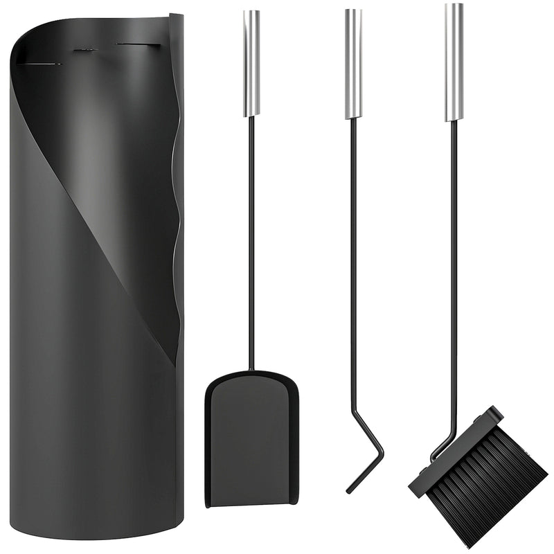 4 Piece Metal Fireplace Tool Set with Bucket and Broom Ideal for Logs and Ashes Silver