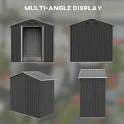 Image of a small grey metal outdoor garden storage shed with apex roof