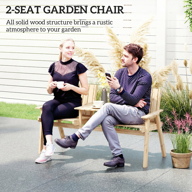 Wooden Garden Bench for Two with Middle Table and Parasol Hole Natural Finish Outsunny