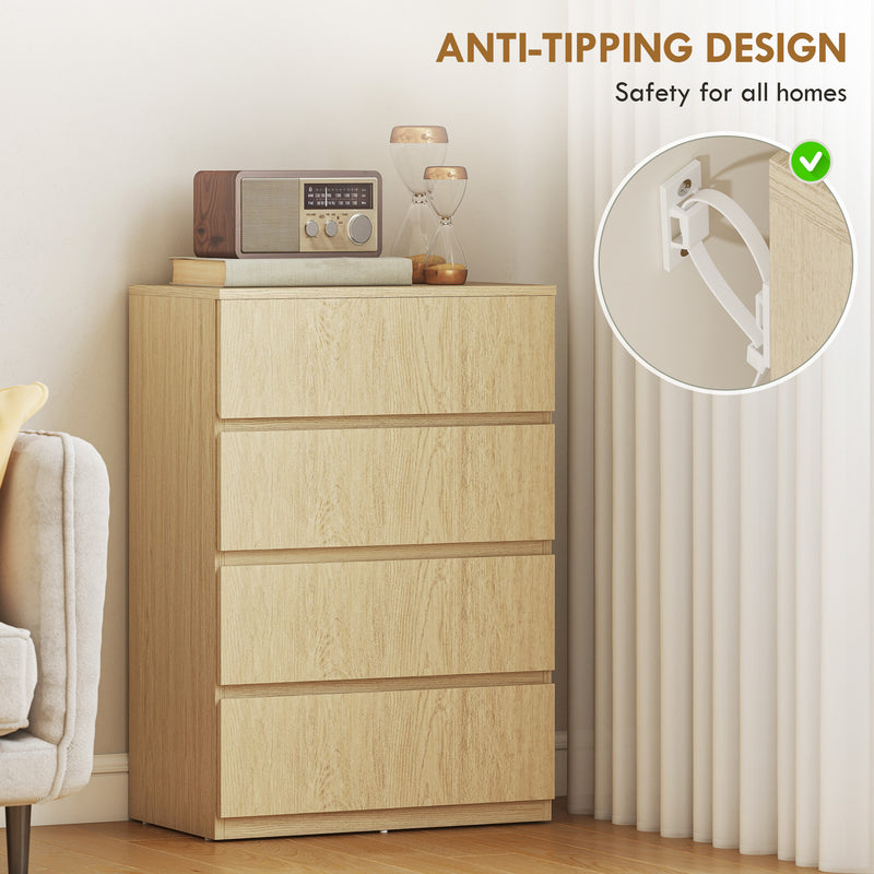 Chest of Drawers with 4 Spacious Handleless Drawers for Bedroom Storage Natural Wood AOSOM