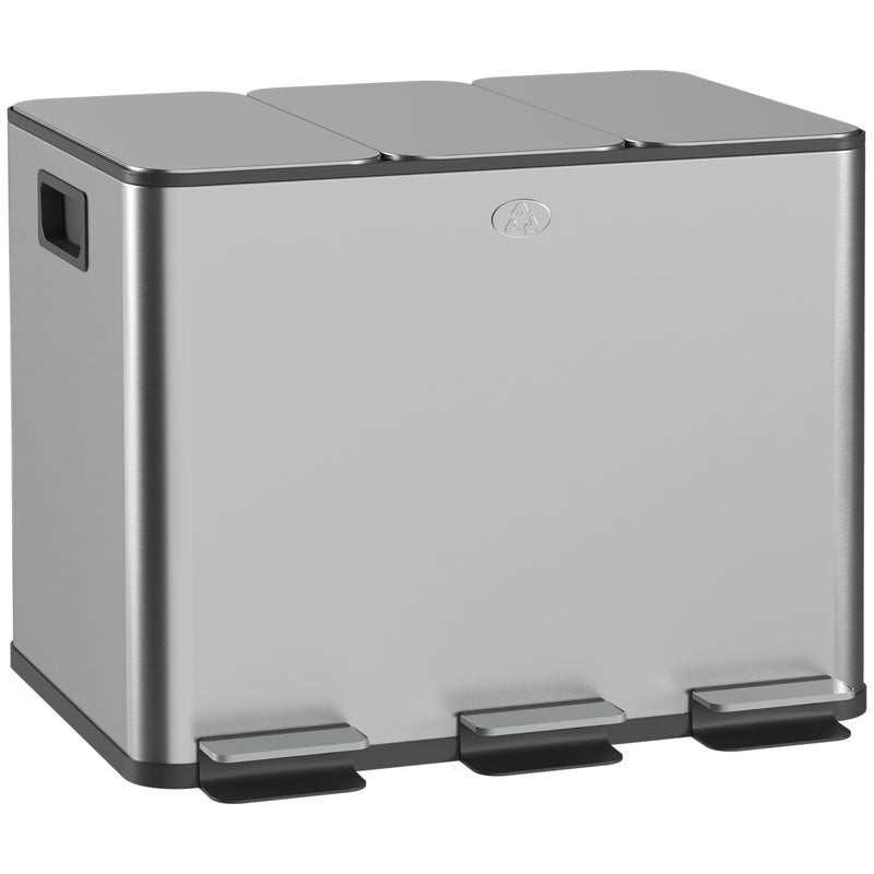 Kitchen Pedal Bin with Three Compartments for Easy Waste and Recycling Sorting Silver Tone AOSOM