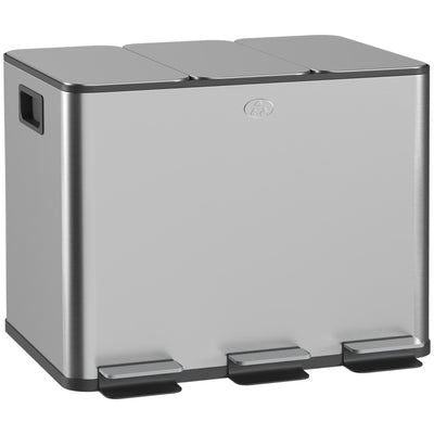 Kitchen Pedal Bin with Three Compartments for Easy Waste and Recycling Sorting Silver Tone AOSOM