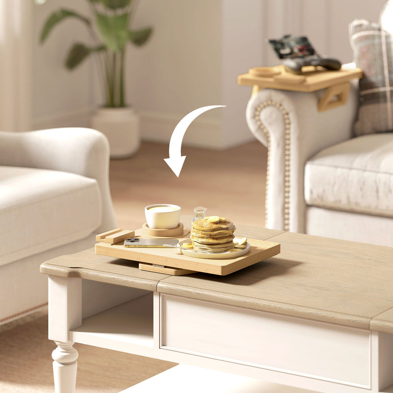 Sofa Arm Tray with Rotating Device Holder and Removable Cup Holder Bamboo Natural Wood