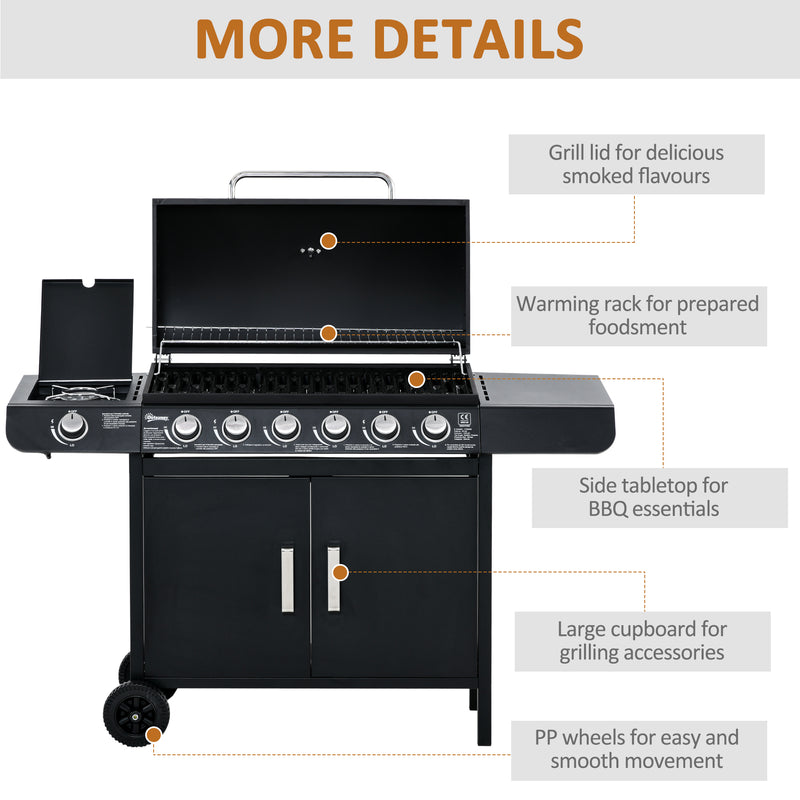 6 Burner Gas BBQ Grill with Side Burner - Thermometer and Storage Shelf for Outdoor Cooking Grey Outsunny