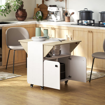 Folding Dining Table with Storage and Wheels for Small Spaces White Natural AOSOM
