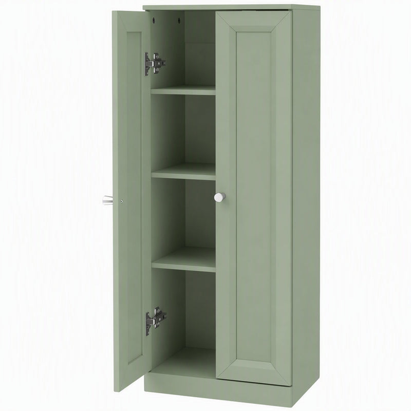 HOMCOM light green bathroom cabinet with doors open showing four internal shelves