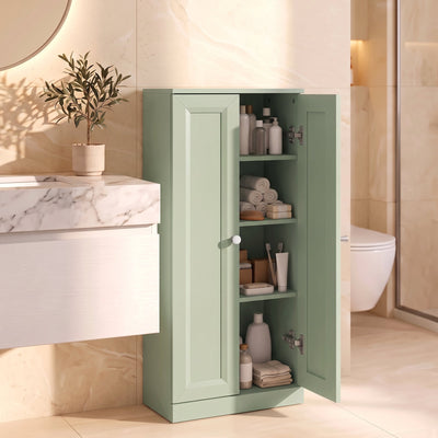 Light green bathroom cabinet in a bathroom with doors open and toiletries stored inside