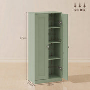 Dimensions diagram of the light green bathroom cabinet showing overall size and shelf heights